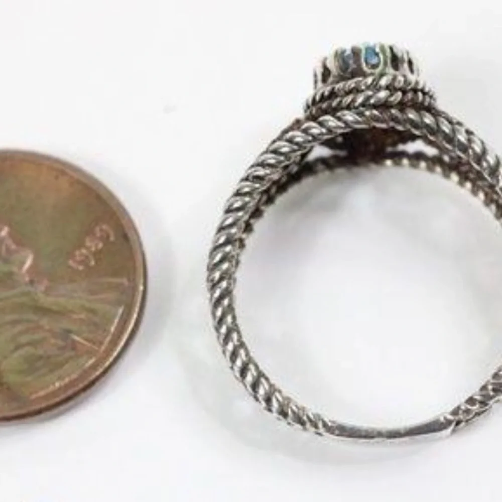 Vintage AVON 925 Silver Marquise Blue Topaz Rope Filigree Ring